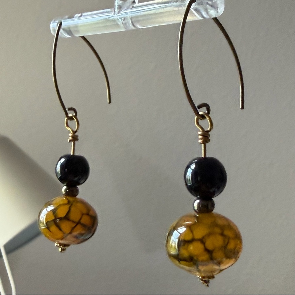 Handmade | Orange Dragon Vein/Fire Crackle Agate Gemstone Black Beads Earrings